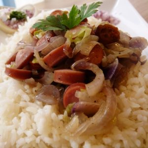 Sült virsli karikák hagyma mixben forgatva gluténmentes